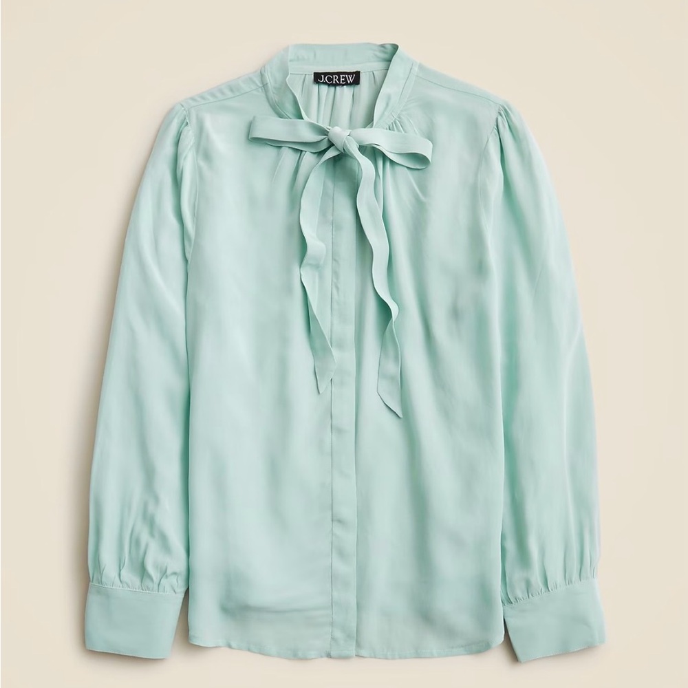 J. Crew Tie Neck Crepe de Chine Top Sz 4 Light Sage Elegant Minimalist
